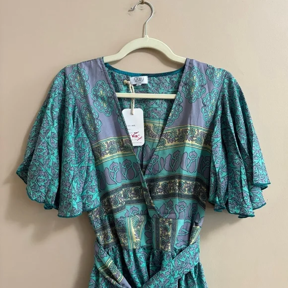 NWT Silk Boho Tiered Wrap Dress By Guru Sz Medium / Large - Picture 4 of 14